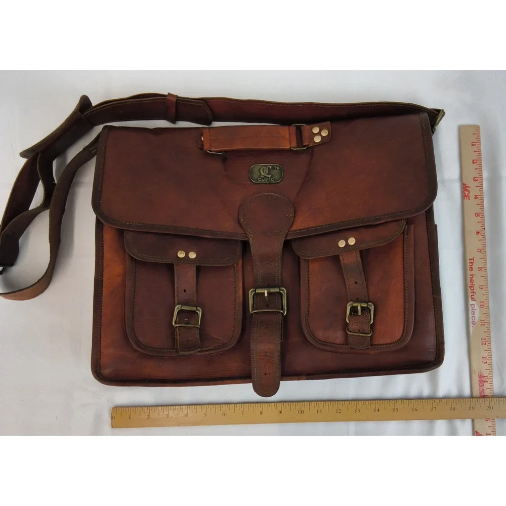 Cuero Handmade Leather Messenger Bag Unisex Brown Leather 11 Pockets #W5112
